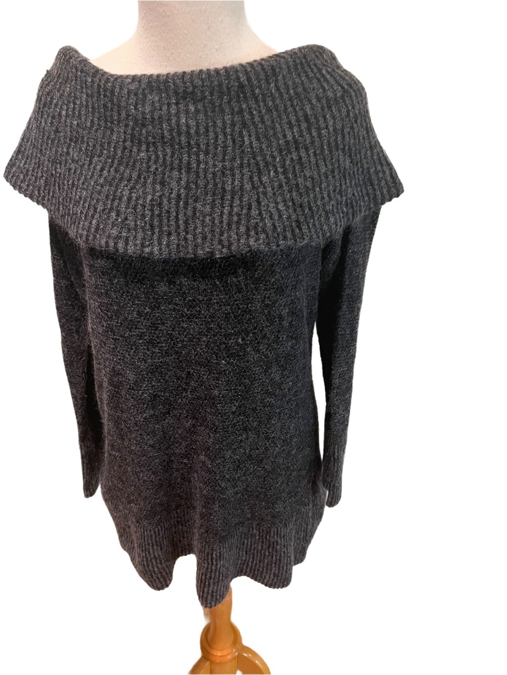 EILEEN FISHER CHARCOAL X-WIDE SHAWL TURTLENECK SOFT WOOL BLEND KNIT SWEATER LN S